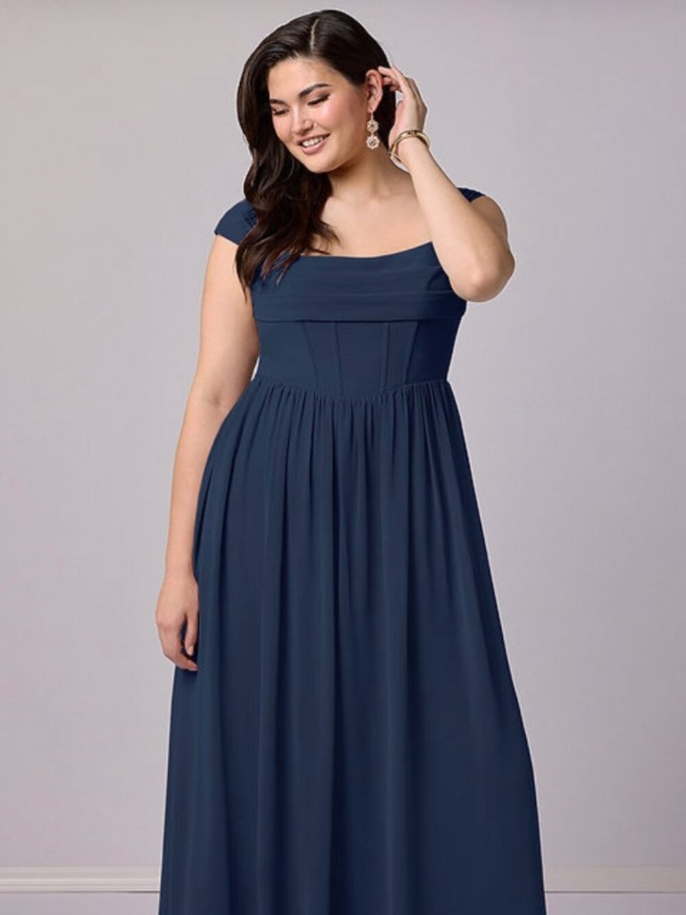 Elegant Navy Cap-Sleeve Maxi Dress